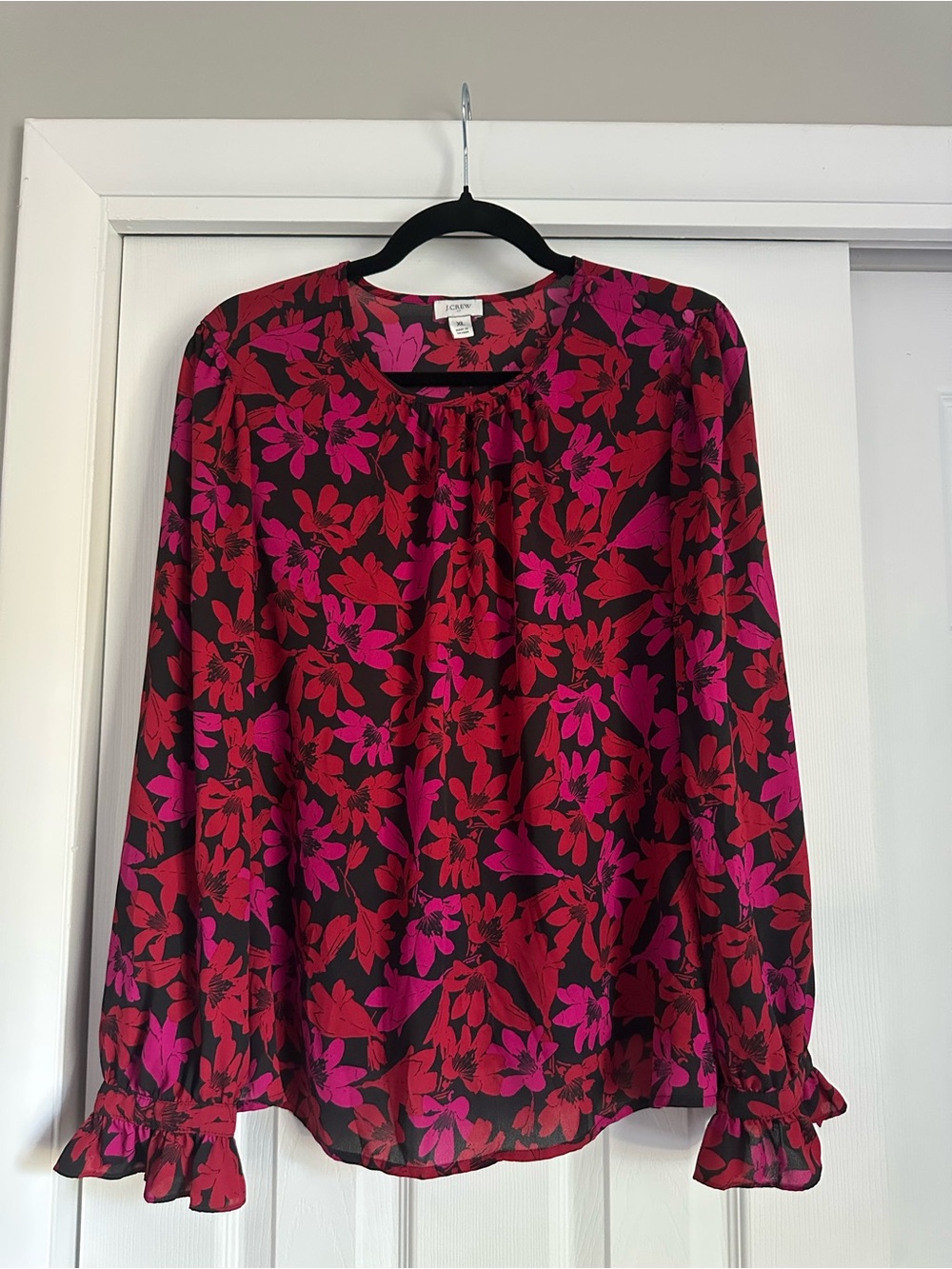 J. Crew Black Blouse with Red & Magenta Floral Print